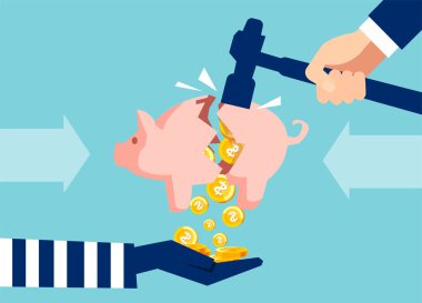 Yaratıcı illüstrasyon mavi arka plan üzerinde tasarruf ile piggy banka para çalmak hırsız 