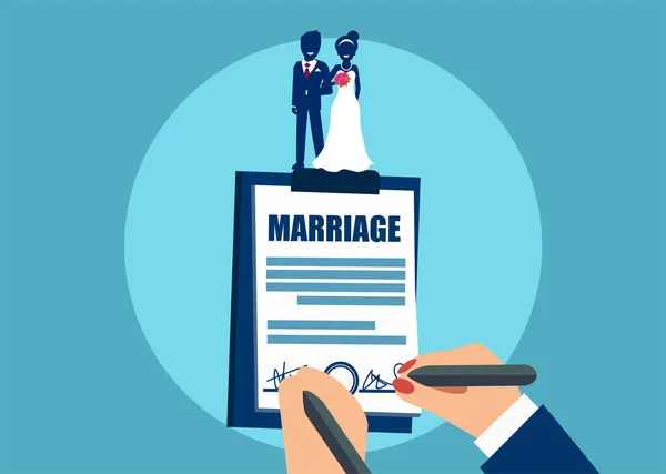 Kırpma Yeni Evli Evlilik Cüzdanı Panosuna Mavi Zemin Üzerine Imzalama — Stok Vektör