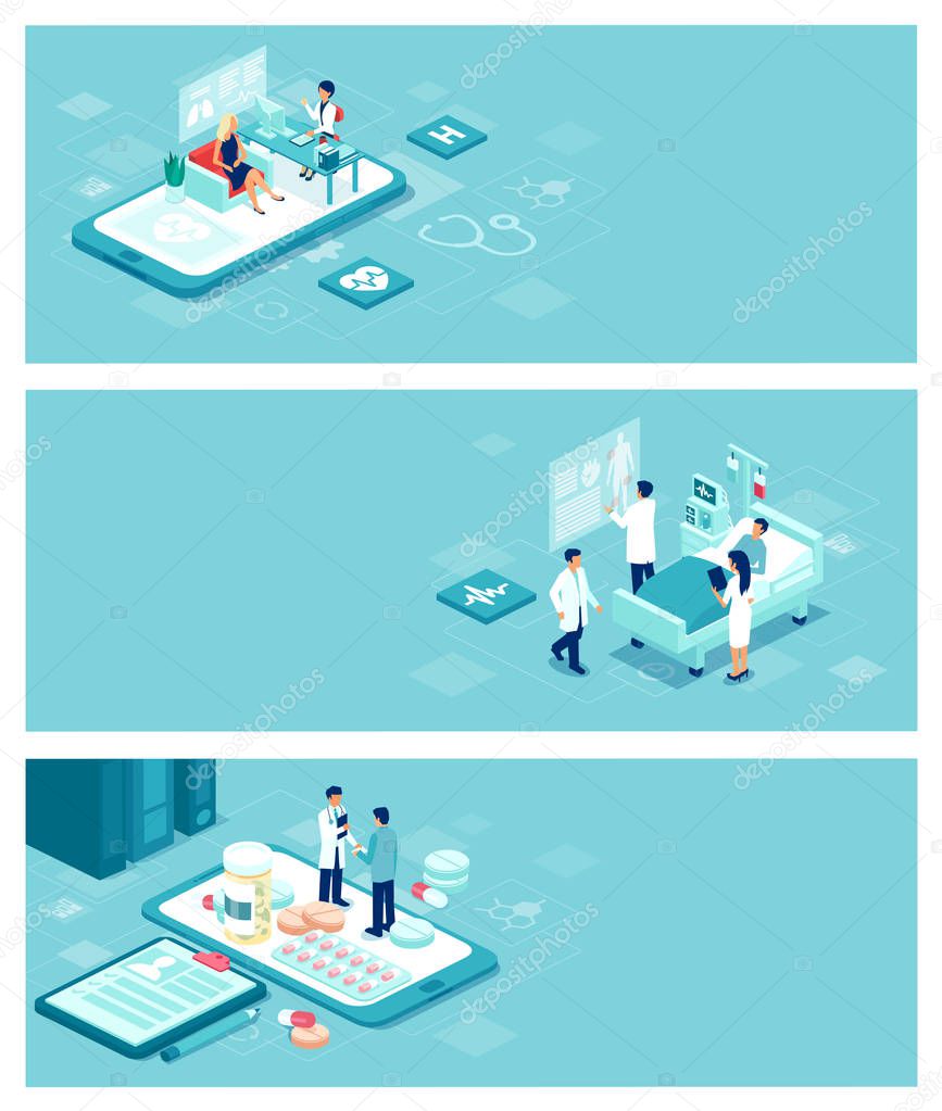 Isometric vector healthcare, doctors and patient care banner concept with people and objects