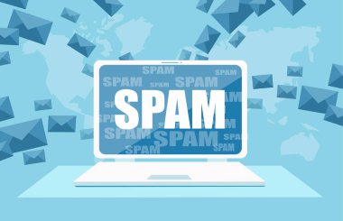 Vektör bir spam e-posta zarf uyarı penceresinin üstünde laptop perde. Virüs, korsan hack ve güvenlik kavramı. E-posta koruma yazılımı afiş. 