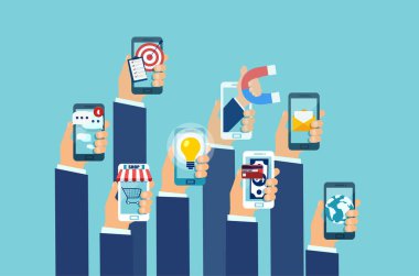 Vektör akıllı telefonlar mobil uygulamalar ile tutarak birden çok el. Kavram mobil uygulamaları için