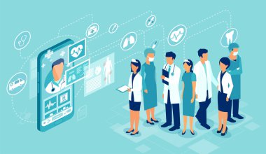 Bir smartphone cep telefonu ile sağlık app kavramı. Vektör profesyonel tıbbi takımı online tıbbi danışmanlık veren bir hastaya bağlı