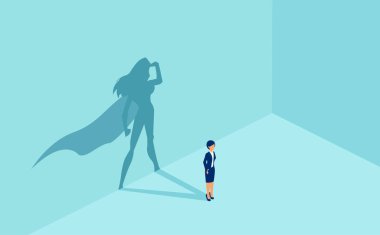 Süper kahraman gölgesi olan bir iş kadınının vektörü. Hırs, motivasyon, liderlik ve meydan okuma sembolü..