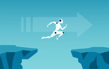 Yapay zeka ve gelecekteki teknoloji kavramı. Vektör zorlukların üstesinden sembolü olarak boşluk atlama bir robot.