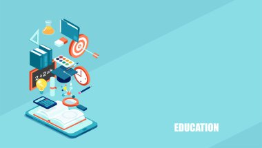 Eğitim 3d izometrik web simgeler. Vektör arka plan online öğrenme, uzak mezuniyet ve okul için.