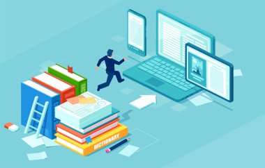 İzometrik vektör kağıttan için dijital teknoloji geçiş bir işadamı. İş bu kavramı web infographics.