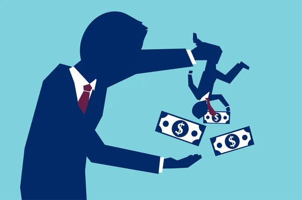 摇号生意伙伴的矢量概念 把他所有的钱都拿在蓝色的背景上 — 图库矢量图片