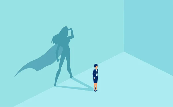 Süper kahraman gölgesi olan bir iş kadınının vektörü. Hırs, motivasyon, liderlik ve meydan okuma sembolü..