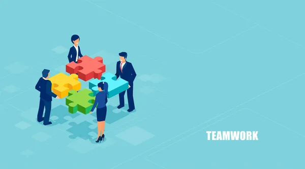 チームワークの概念のバナーです 青の背景に分離されたチームで問題解決ビジネス人々 の等尺性のベクトル — ストックベクタ