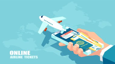 Rezervasyon uçak bileti ve seyahat sigortası online kavramı. Vektör seyahat, iş uçuşlar dünya çapında. Biniş kartı 