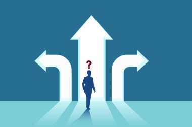 İş kararları kavramı. Vektör soru işareti konumu doğru seçimi yapmak okları crossroads önünde olan çapraşık bir işadamı. Kariyer yolu stratejisi. 