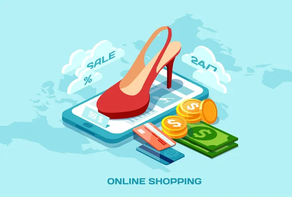 Online shopping ecommerce concept. Isometric poster vector with red shoes credit card money and tablet computer