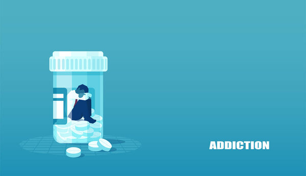 Vector of a sick sad patient man in depression drowning in medications sitting inside a bottle. Concept of drug addiction. 