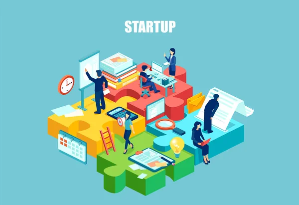 İzometrik vektör de organize takım çalışma başlangıç çalışanların. İşbirliği iş hedefi düşünme, Infographic bulmaca şeklinde. Webdesign için kavram. 