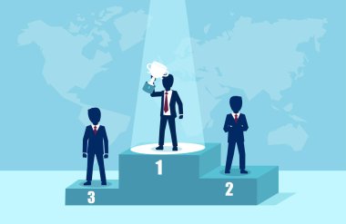 Vektör kupayı tutarak podyumda kazanan işadamı. Liderlik ve başarı kavramı