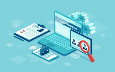 İşe alma ve iş arama kavramı. İzometrik vektör işe alma ve iş arama web sayfası, afiş, tanıtım için. 