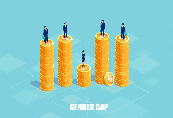性别差距和薪酬差异的概念 商人和女商人的向量上的硬币堆不同的高度 公司生活中歧视和不公正的象征 — 图库矢量图片