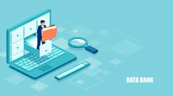 データベースの等尺性の概念 オンラインのデジタル データベースを管理するアーカイブからドキュメントとフォルダーを保持している実業家のベクトル — ストックベクタ