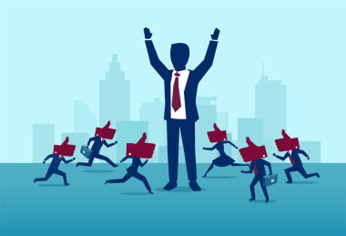 Influencer marketing and leadership concept. Vector of a powerful, successful buisnessman being liked by busy crowd of people clipart