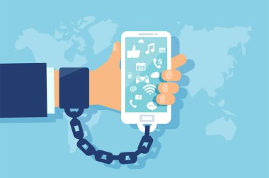 Smartphone ve modern teknoloji bağımlılığı kavramı. Birden fazla Sosyal Medya Icons telefonla zincirlenmiş bir iş adamı el vektör
