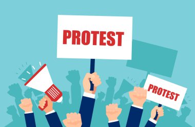 Vektör protesto ve megafon, insanların politika ile kızgın kalabalık tutarak birden çok el. Siyasi kriz ve devrim kavramı.
