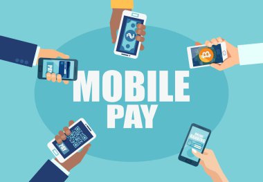 Bir ödeme yapmak için çeşitli mobil ödeme seçenekleri kullanarak akıllı telefonlar holding eller vektör 
