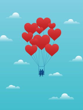 Vektör Sevgililer günü kartı çift kırmızı Kalp balonlar tarafından küçük bir salıncak üzerinde. 