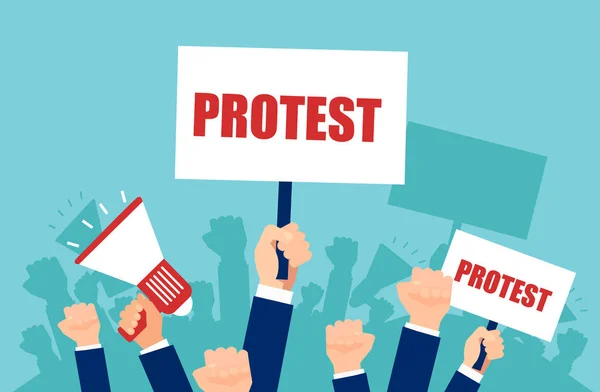 Vector Multiple Hands Holding Protest Signs Megaphone Crowd People Angry — Stock Vector