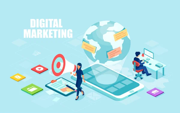 Conceito Marketing Digital Vetor Moderno Isométrico Análise Negócios Estratégia Conteúdo —  Vetores de Stock