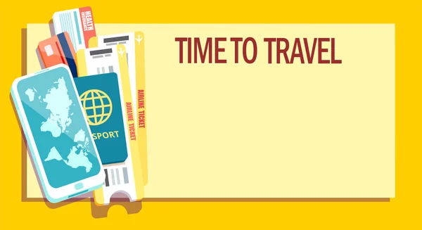 商务旅行或度假的概念 带护照 智能手机 信用卡和保险卡的矢量横幅 — 图库矢量图片