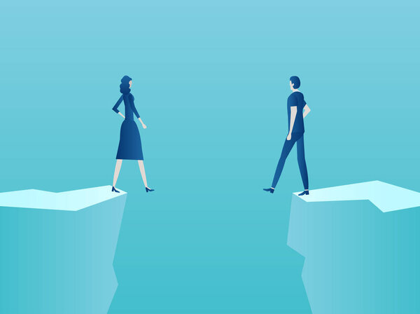 Marriage, relationship problems concept. Vector of a couple man and woman standing at the edge of the abyss 