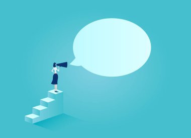 Bir iş kadını bir duyuru yapmak adımlar üzerinde megafon ile vektör 