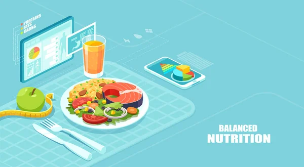 Izometryczny vector aplikacji żywienia, przedstawiający fakty żywienie i wspomaganie w licznik kalorii posiłek — Wektor stockowy