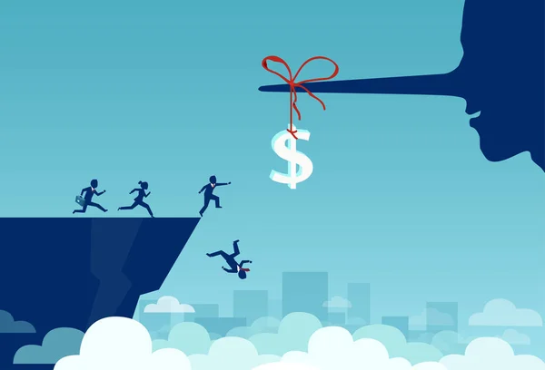 Bir dolar bir yalancı uzun burun bağlı ve bir uçurumdan düşen işareti doğru çalışan iş adamları Grubu'nun vektör 