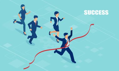 Vektör bir işadamı geçiş bitiş çizgisine ve yırtılma kırmızı kurdele bitirme ilk rakipleri tarafından takip  