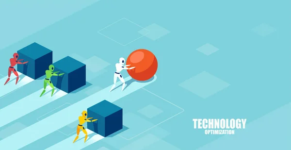 Vetor de um robô inteligente empurrando uma esfera liderando a corrida contra um grupo de robôs mais lentos empurrando caixas . —  Vetores de Stock