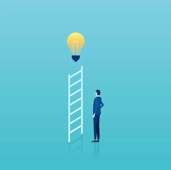 明るい電球の上に梯子で立っている実業家のベクトル. — ストックベクタ