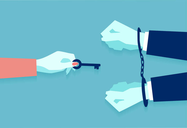 Vector of a female hand, unlocking male from handcuffs by key sending him free