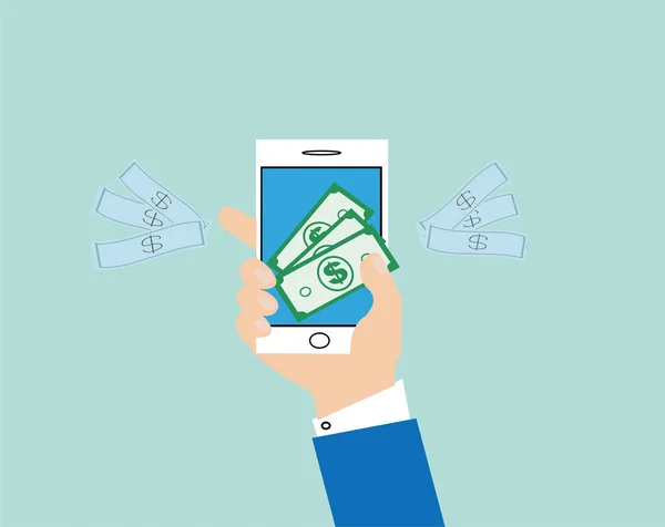 Vettore di un uomo d'affari in possesso di smartphone con carta di credito dati finanziari che pagano per i servizi — Vettoriale Stock