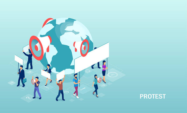 vector of crowd of diverse people protesters holding banners and placards 