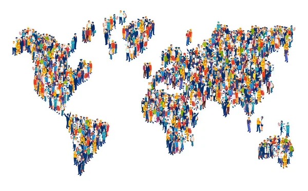 Vector de multitud de personas multiculturales que componen un mapa del mundo — Vector de stock