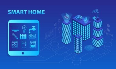 Vektör cityscape ve akıllı binaların üzerinden app bilgisayar kontrollü.