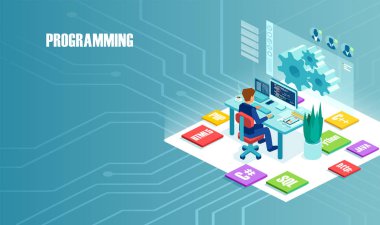 Bilgisayarda çalışan serbest meslek programcı izometrik vektör 