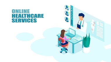 Modern bilgisayar teknolojisini kullanarak bir doktor online toplantı bir hasta vektörü.