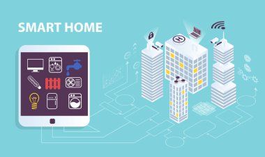 Vektör cityscape ve akıllı binaların üzerinden app bilgisayar kontrollü