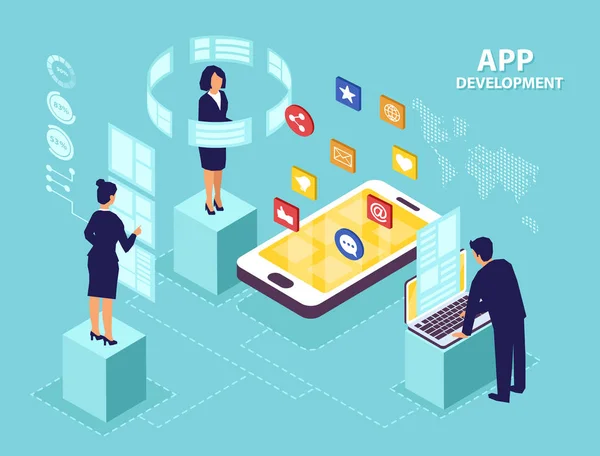 Isometrischer Vektor von Geschäftsleuten Softwareingenieuren entwickeln neue mobile Apps. — Stockvektor