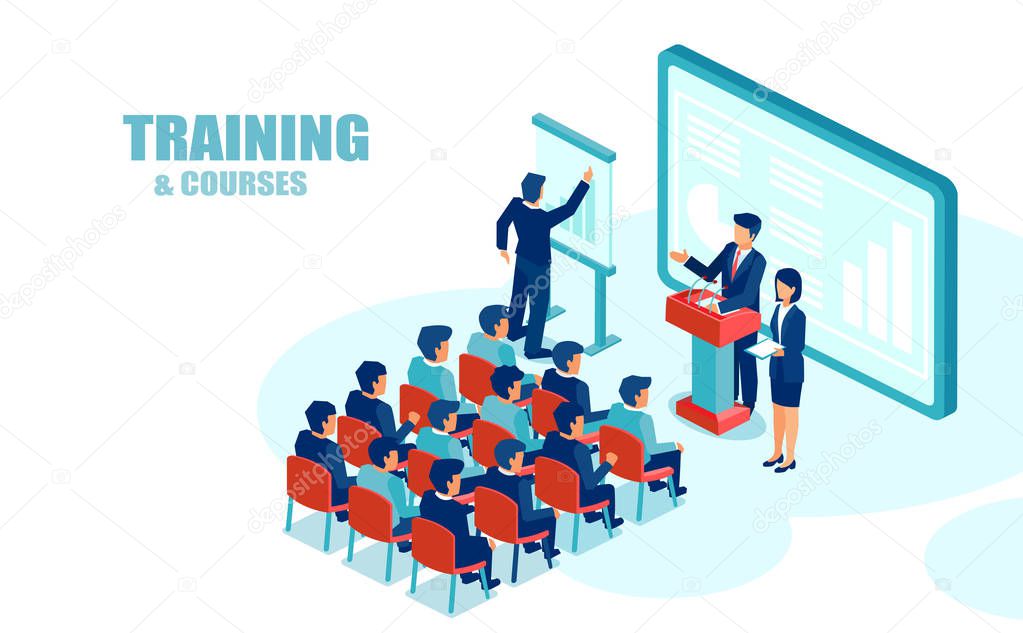 Isometric vector of business people office employees receiving company training 