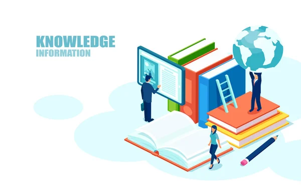 Izometrický koncept vzdělávacích kurzů online pro globální vzdělávání a digitální knihovny. — Stockový vektor