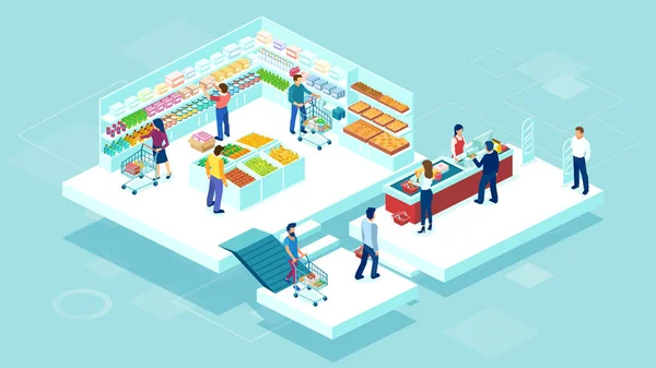 Vector de personas comprando juntos en el supermercado de comestibles y la compra de productos alimenticios — Vector de stock