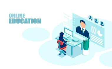 Bilgisayarda web semineri dinleyen bir öğrencinin vektörü 